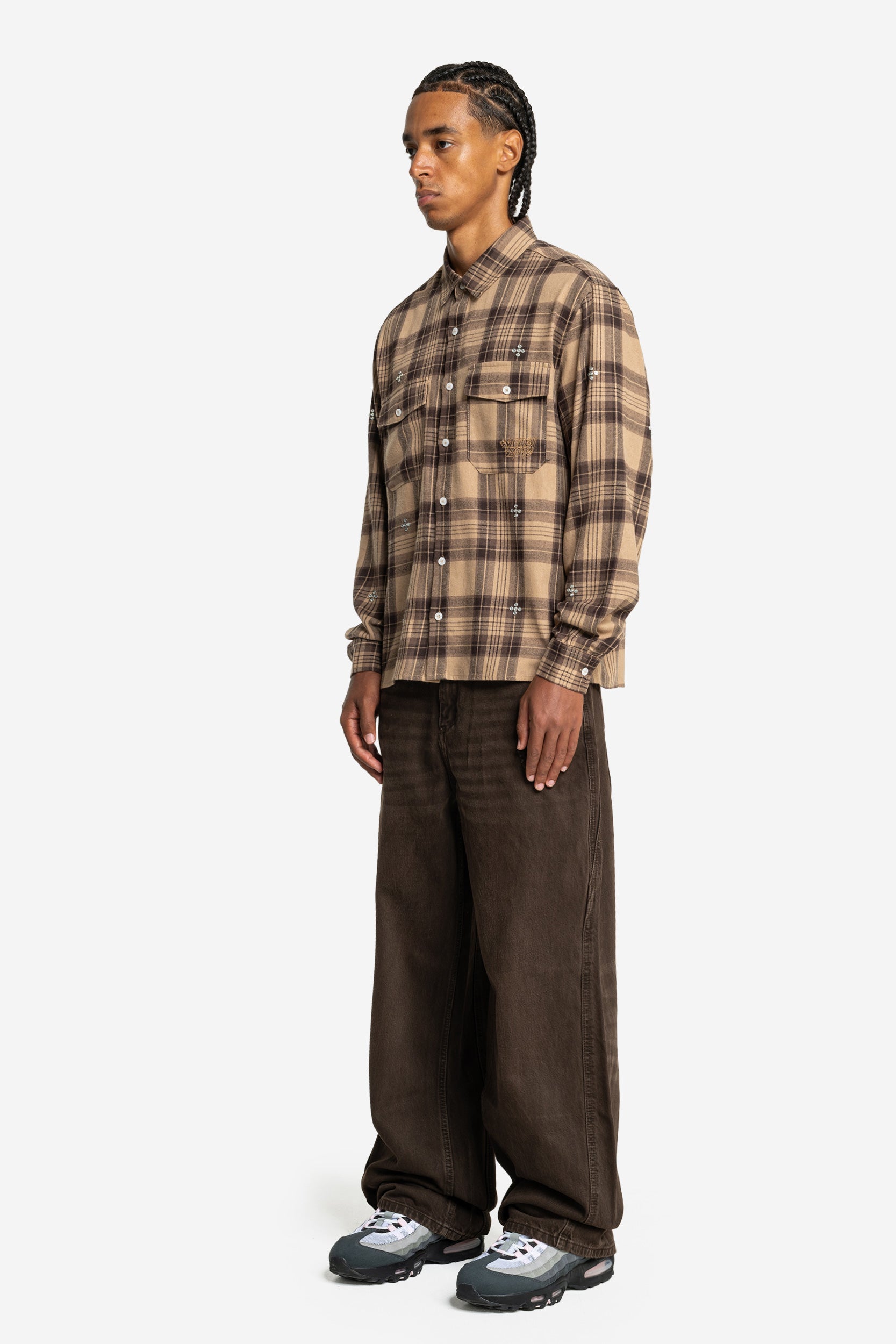 PLUS RHINESTONE FLANNEL BROWN + DISTINCTIVE BAGGY DENIM BROWN
