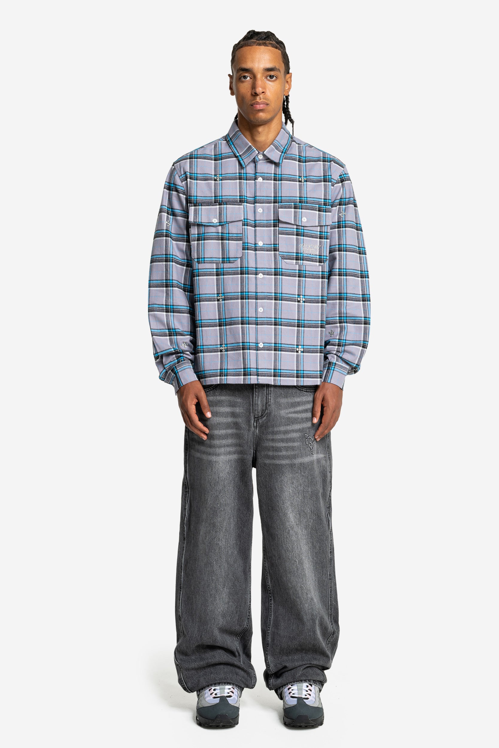PLUS RHINESTONE FLANNEL BLUE + DISTINCTIVE BAGGY DENIM GREY