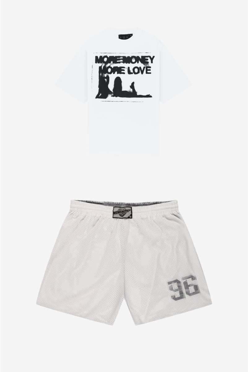 WET DREAM TEE WHITE + REVERSIBLE MESH SHORTS GRAY