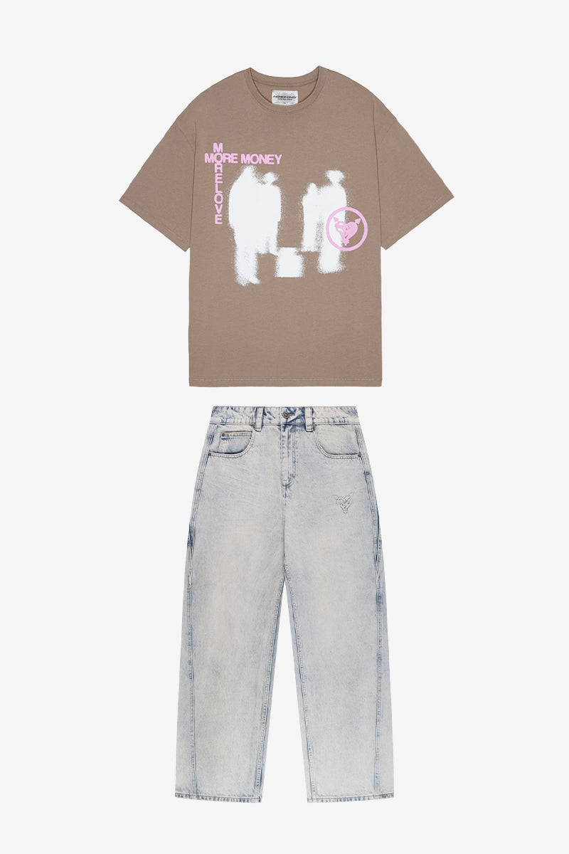 LOST BOND TEE TOFFEE + DISTINCTIVE BAGGY DENIM MID BLUE