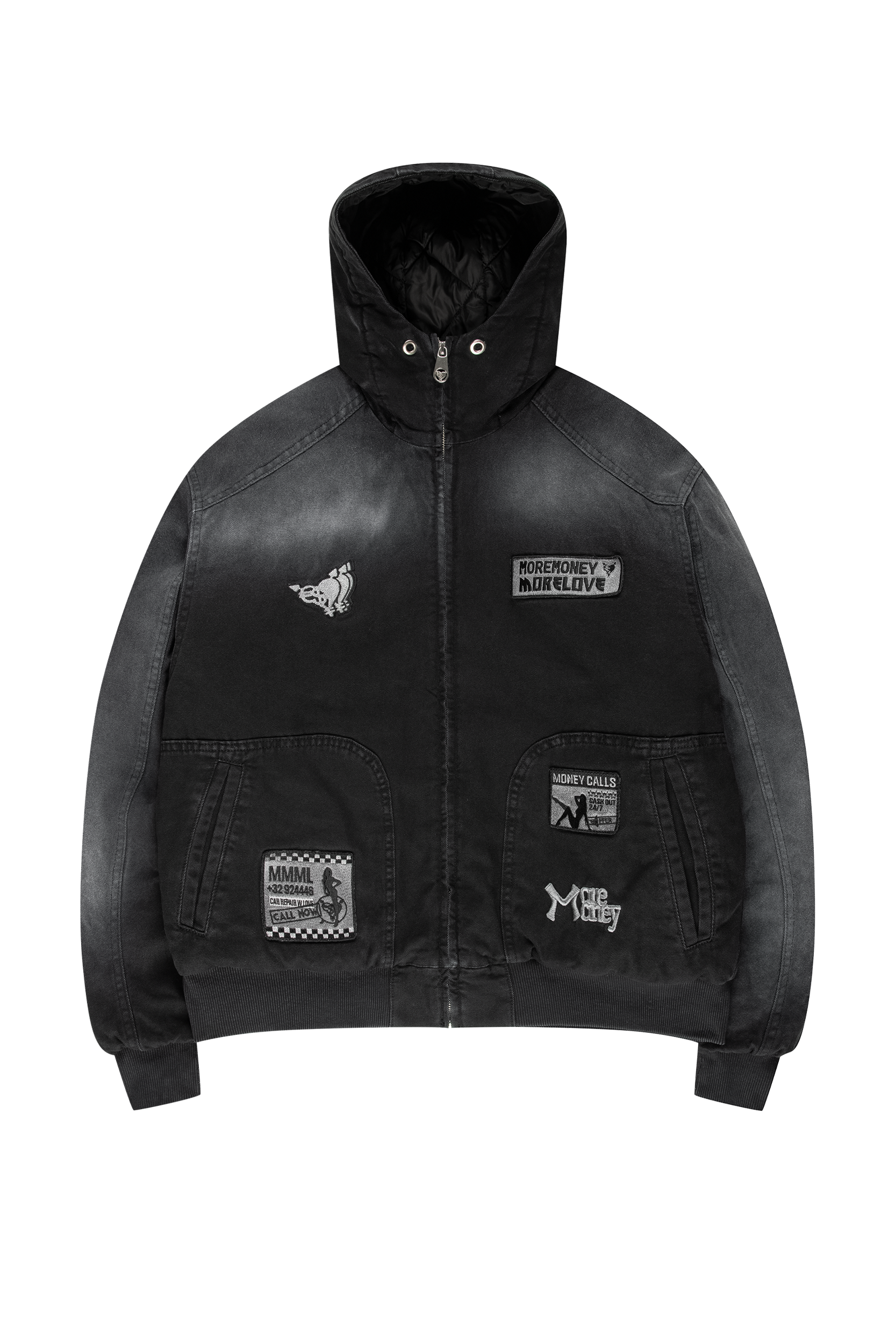 PATCHED UP HOODED BOMBER WASHED BLACK